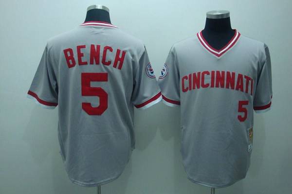Mitchell and Ness Reds #5 Johnny Bench Stitched Grey Throwback MLB Jersey - Click Image to Close